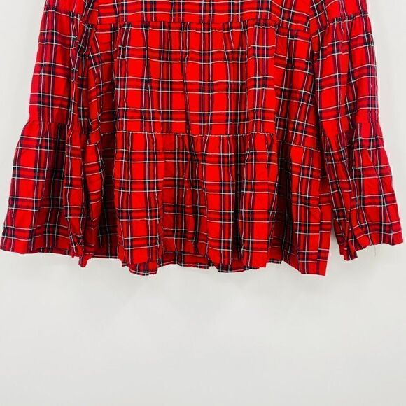 Madewell Size Small Red & Black Plaid Tiered Button Back Swing Top - Picture 5 of 11